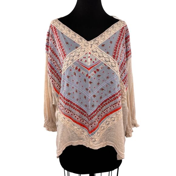 Free People Prairie Days Multi Blouse Linen Lace-Trim Dolman Sleeve Size Large L - Picture 1 of 7